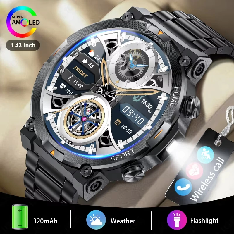 LIGE Outdoor Smart Watch Men Sport Fitness Watch 466*466 AMOLED Ultra HD Screen Flashlight Bluetooth Call Health Smartwatch Men