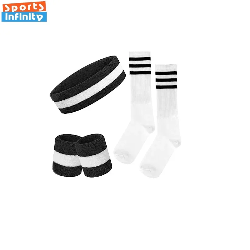 Striped Solid Color Wrist Brace Hair Band Sport Socks Set Sweat-absorbing Headband Wristband Football Socks Wrist Straps Gym