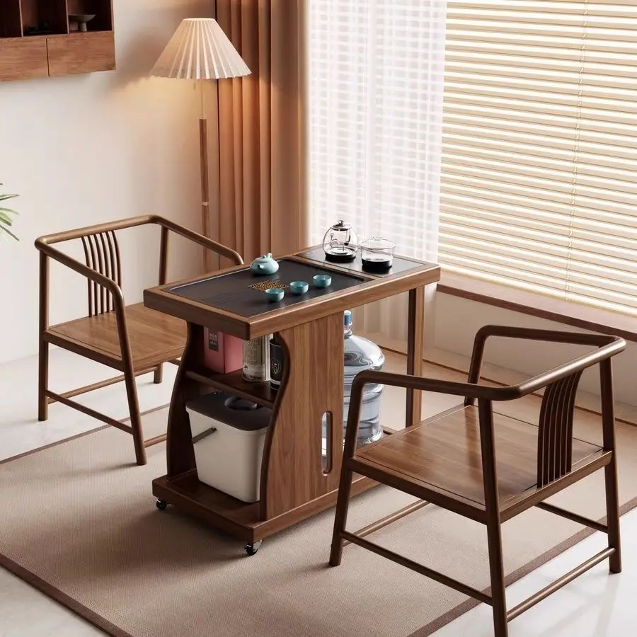 

New Chinese-style ebony solid wood tea table mobile small apartment coffeetable household teatable balcony kettle integrated m