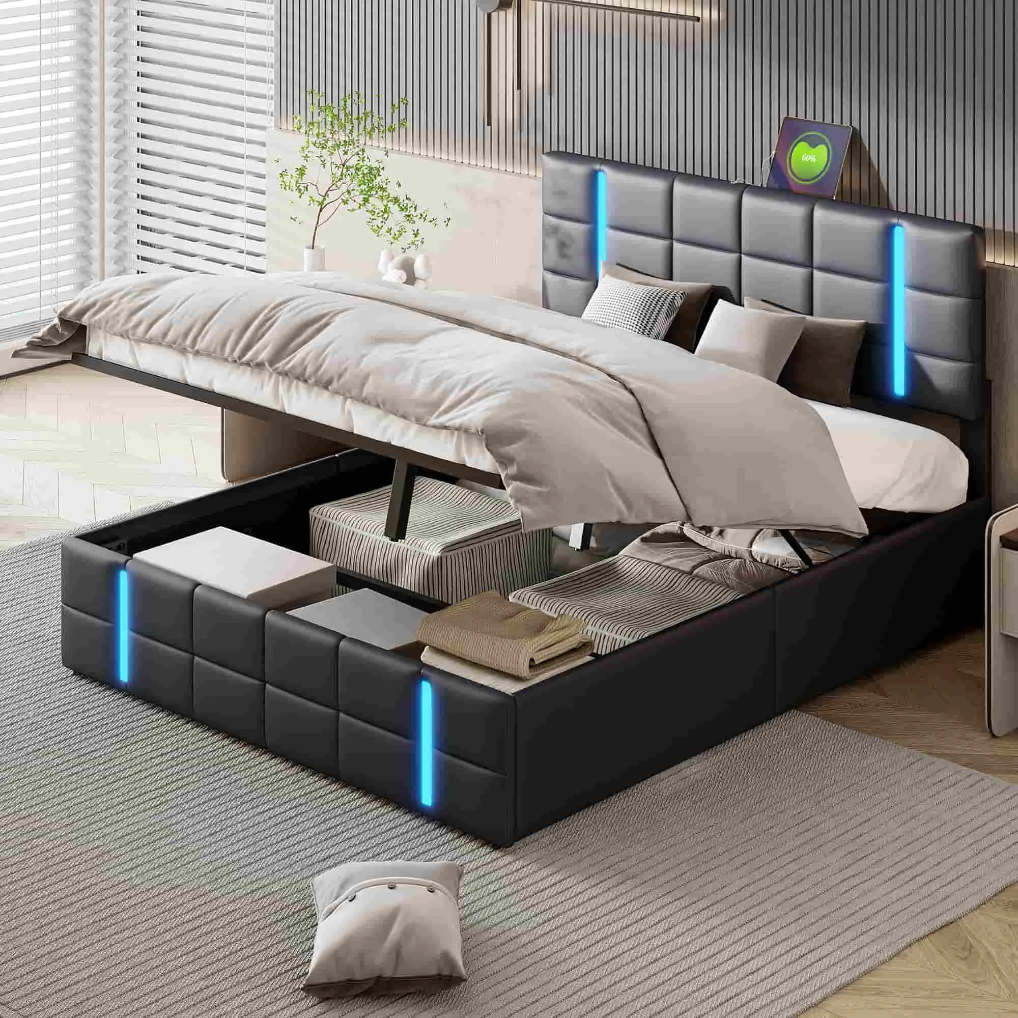 fangange Haushalts-Doppelbett mit Kunstlederbezug und Stauraum, Jugendzimmerbett mit ausklappbarem Lattenrost-Stauraum, umlaufender LED-Ambientebeleuchtung, robustem Metall-MDF-Bettgestell, bequemer