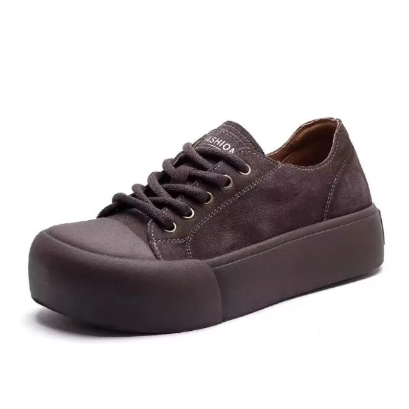 Vulcanize Shoes Retro Cow Genuine Leather Sneakers Lace Up Women's Shoes 2026 Spring New Casual Round Toe Cowhide Flats