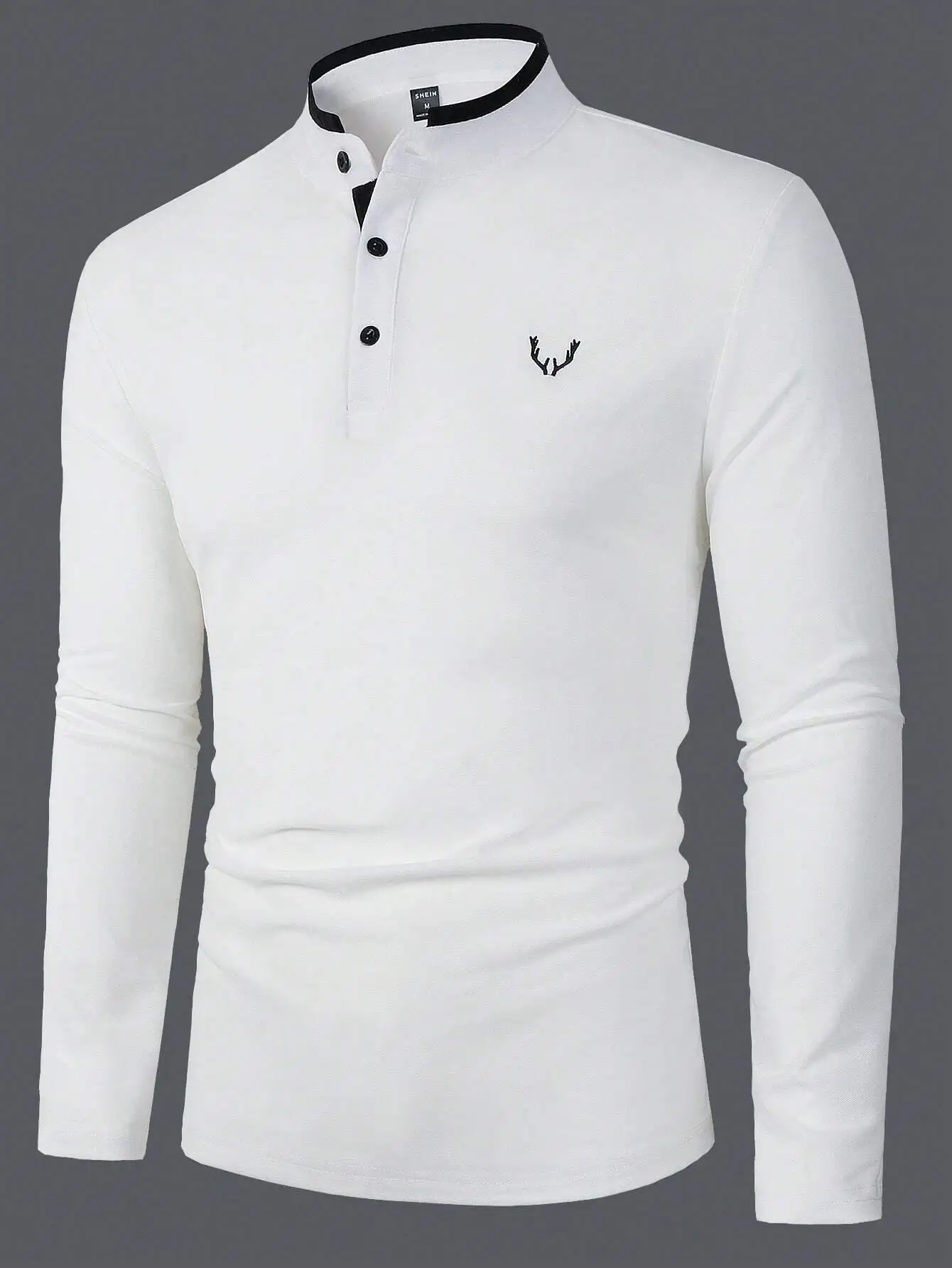

Men's White Long Sleeve Henley Shirt with Contrast Trim and Antler Embroidery