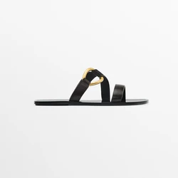 New Fashion Slipper Woman 2026 Summer Flats Sandals Brown Cow Leather Outside Modern Slippers Metal Decoration Flip Flops Shoe