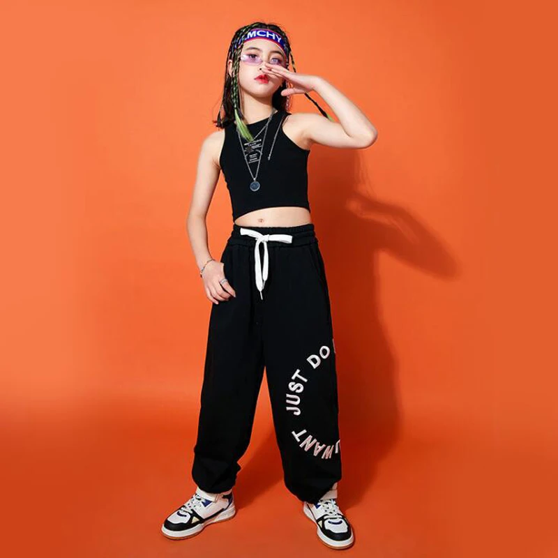 Kids Black Kpop Outfits Teen Hip Hop Clothing Tank Crop Tops Streetwear Sweat Pants For Teenage Girl Jazz Dance Costume Clothes