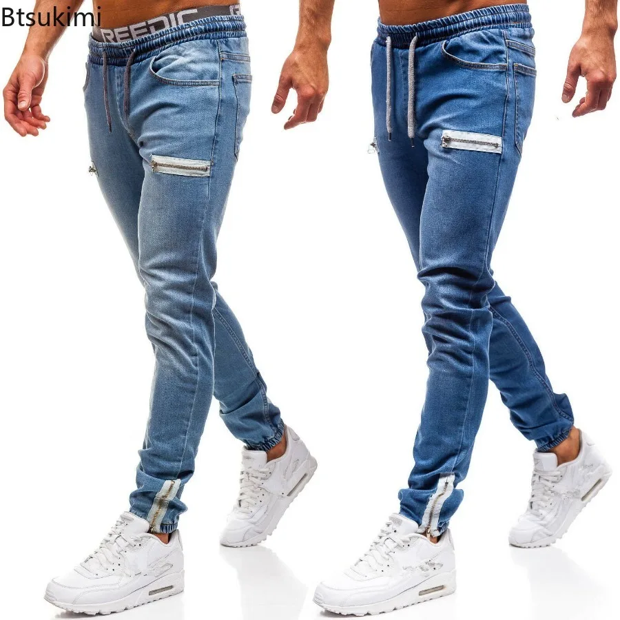 2024 Men's Slim Straight Leg Jeans Fashionable Drawstring Zip Design Casual Sport Denim Pants Men Versatile Trouser Street Style