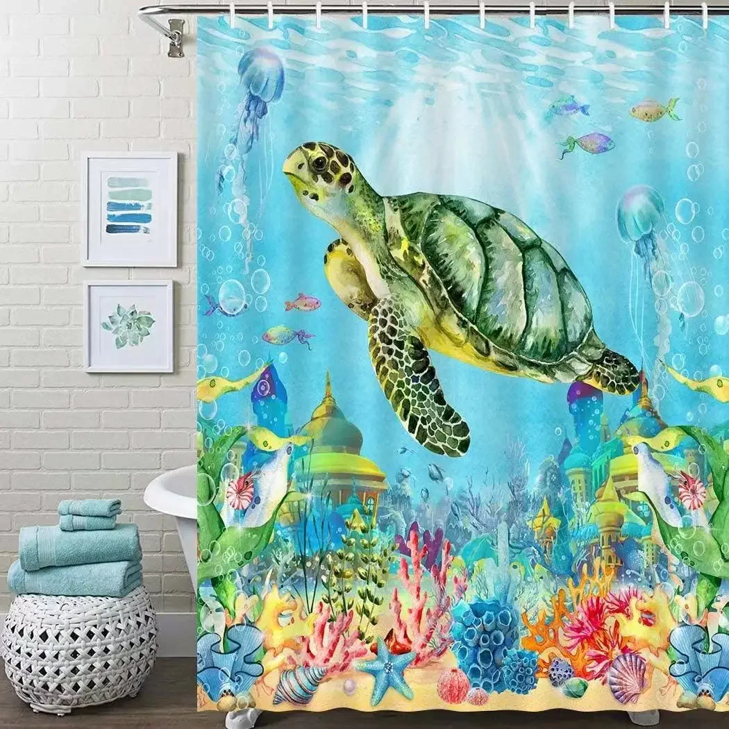 Sea Turtle Shower Curtain Ocean Shower Curtain for Bathroom Underwater Tropical Marine Animal Nautical Beach Bathtub Decor Set