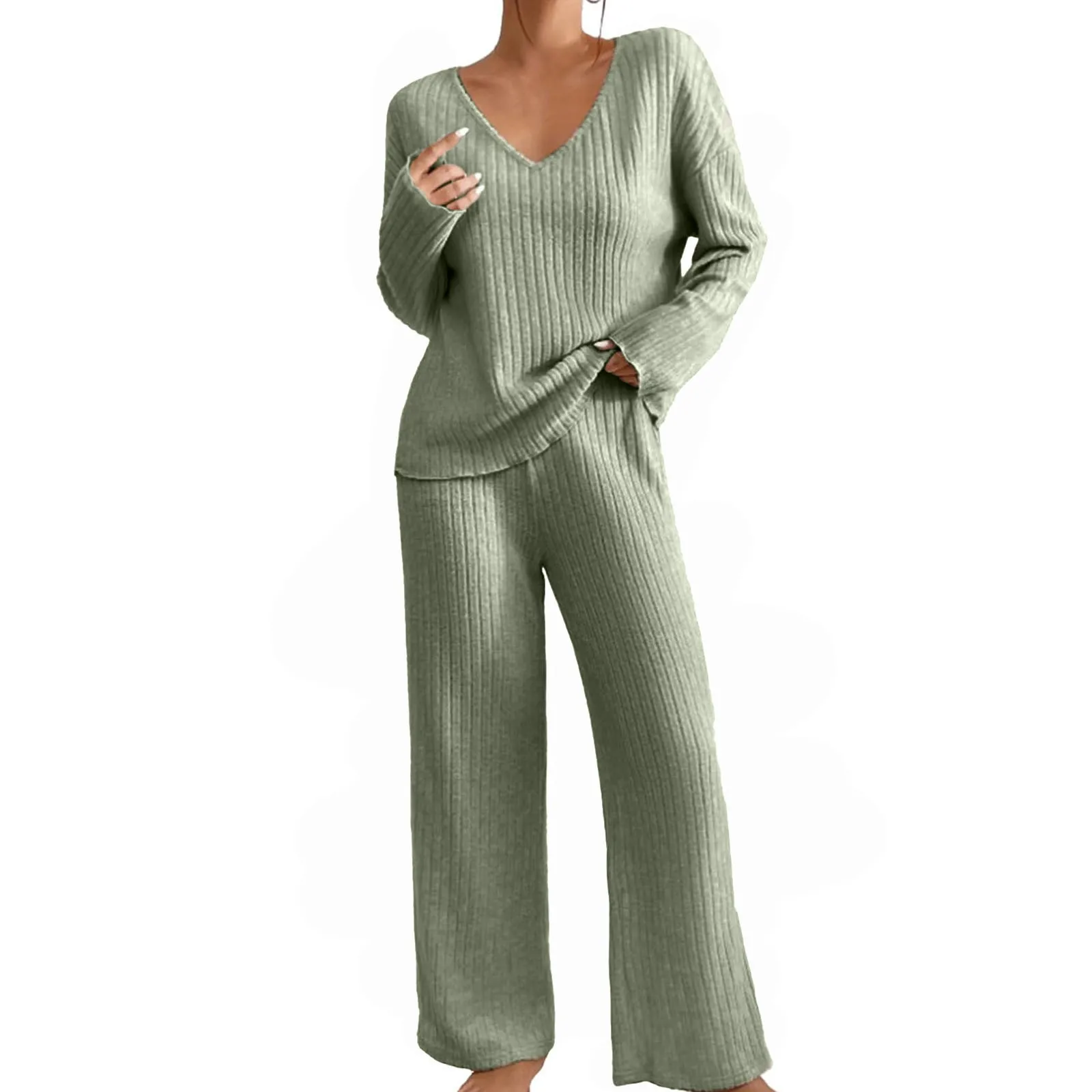 Women Knit Sweater 2 Outfits Loose V-neck Knitwear Straight Leg Pants Set Solid Color Sweater Two-Piece Set Lady Set Clothing