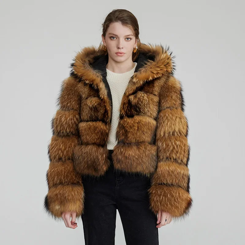 Lady Natural Raccoon Fur Detachable Sleeve and Hood Fur Jacket Women Fashion Winter Crop Jacket Full Sleeve