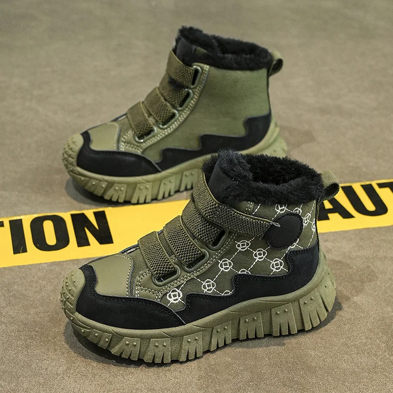 Zapatillas altas de terciopelo para invierno, botas de nieve rosas para niñas y niños, botas cálidas de algodón de felpa, zapatos de senderismo con plataforma para exteriores para niños