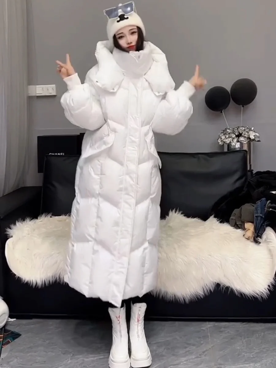 

2025 Women White Long Down Coat Winter Thick Knee Length Hooded Puff Sleeve Jacket
