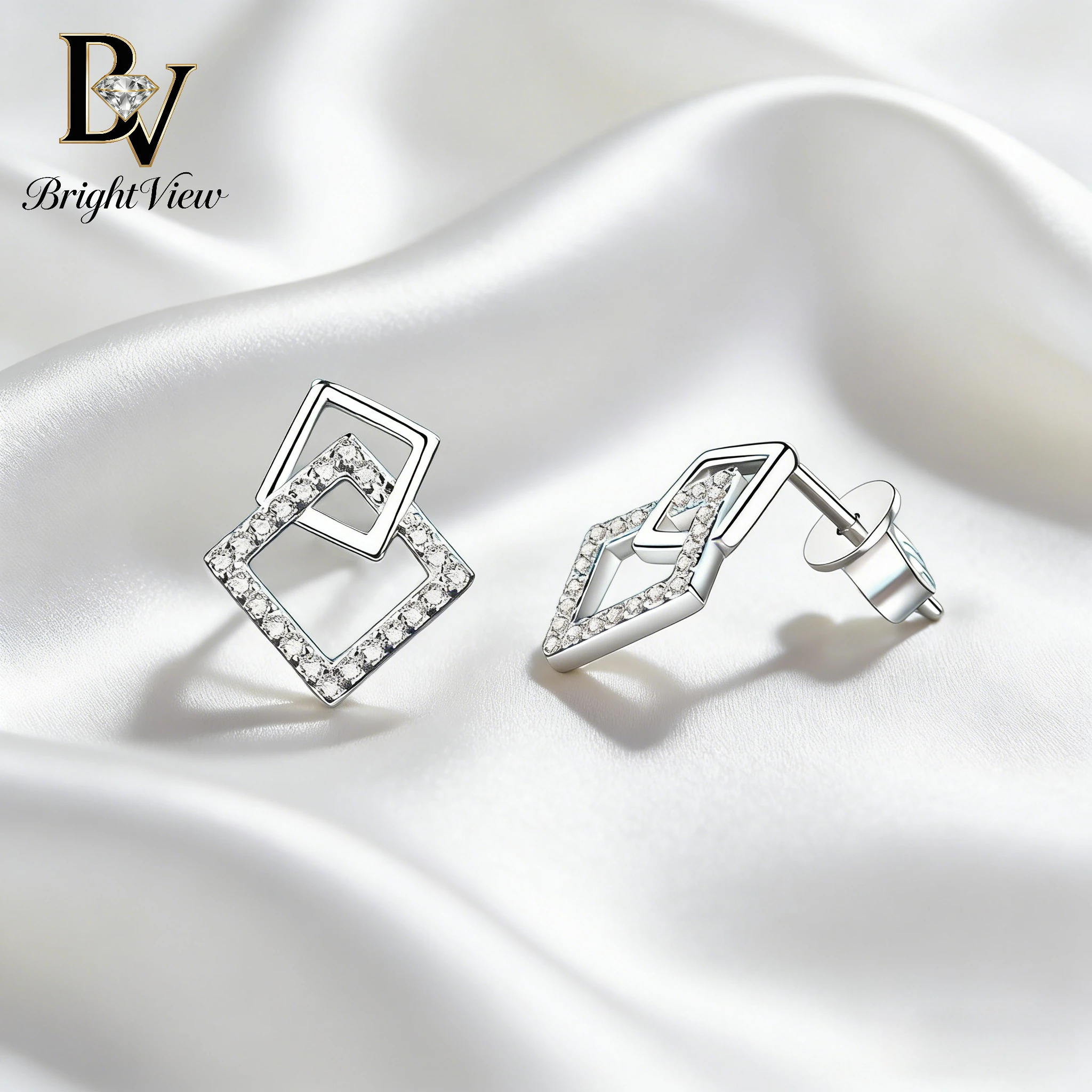 

Genuine 925 Silver Moissanite Earrings Double Square Hollow Design Sparkling for Evening Party Date Dinner Women Jewelry