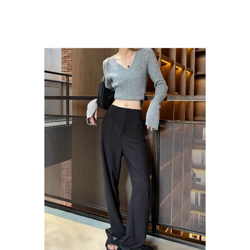 Celana Setelan Abu-abu Wanita Pinggang Tinggi Musim Semi Musim Panas Baru Kasual Kaki Lebar Terkulai Kerja Lurus Malas