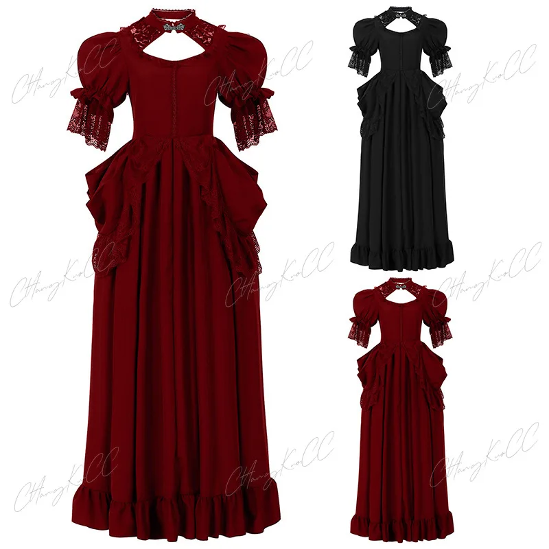

Plus Size S-2XL Women Retro Vintage Renaissance Lace Medieval Costume Cosplay Elegant Long Dress Victorian Ball Gown Vampire