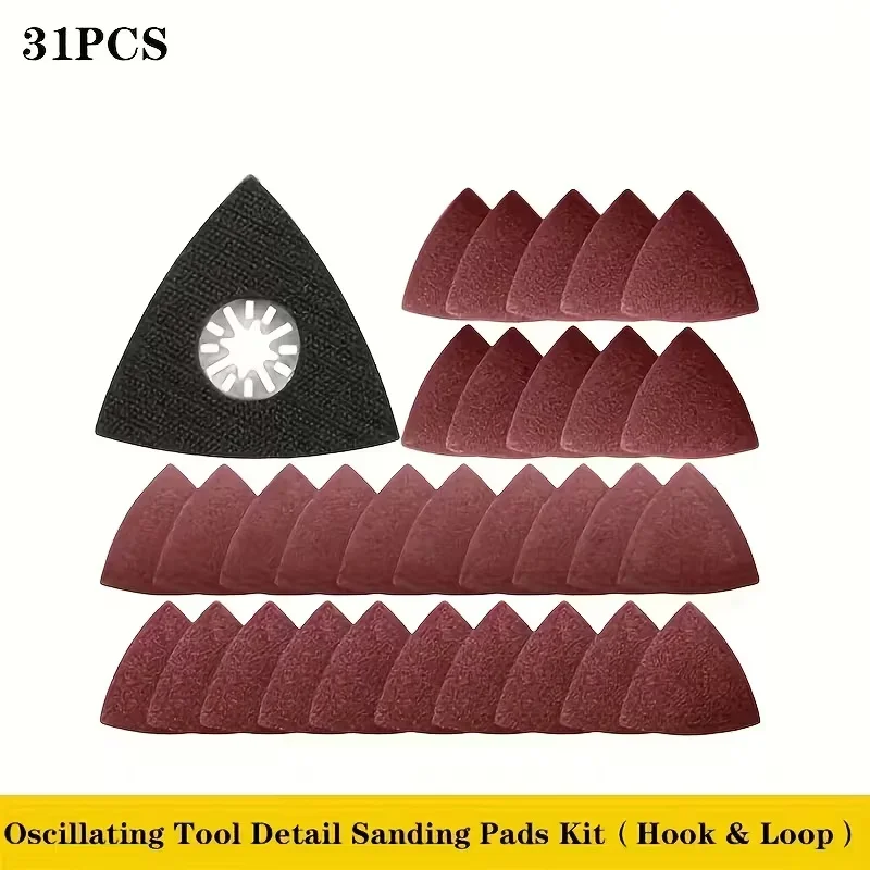 31Pcs Grinding Triangle Oscillating Sandpaper Set With Triangle Sanding Pad Hook Loop 60/ 80/ 120/ 180/ 240/ 320 Grit For Mult