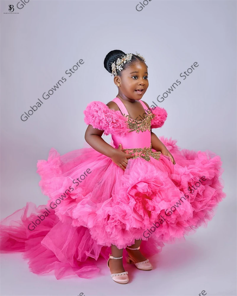 Pink Sweetheart Cute Flower Girls Dress Beaded Crystal Child Princess Gown For Birthday Party Dresses Ruffles Tiered Robe De Bal