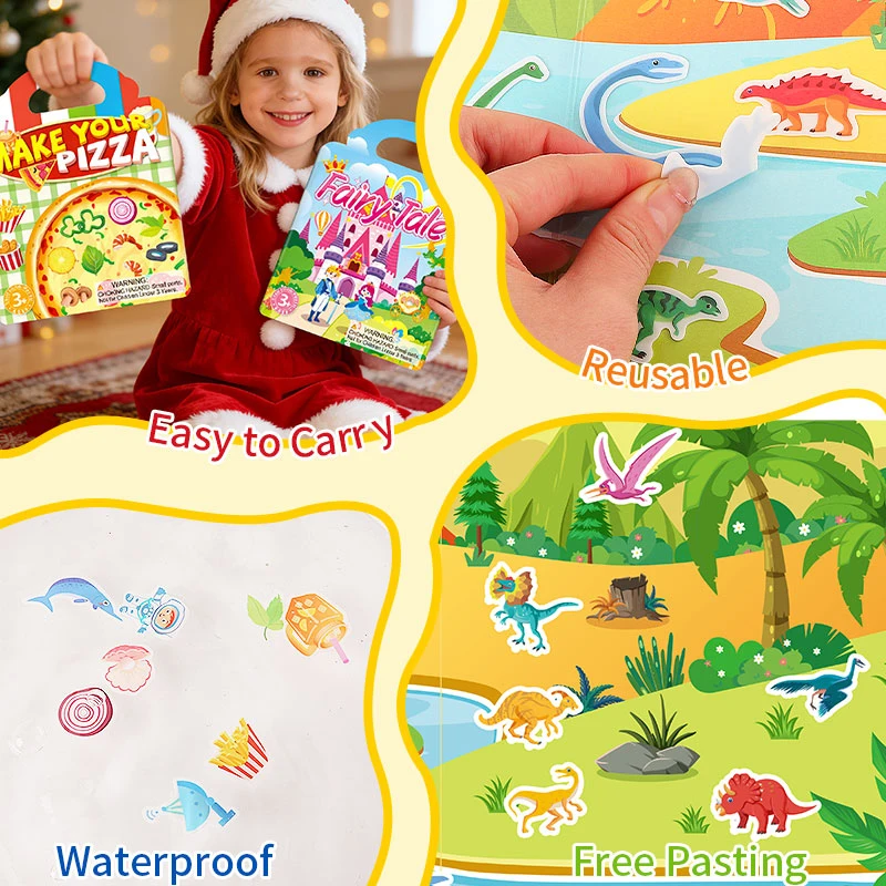 Set di 3 Libri di Adesivi Riutilizzabili per Bambini, Tema Animali e Oceano, Giocattolo Portatile Fai-da-Te, Regalo per Bambini