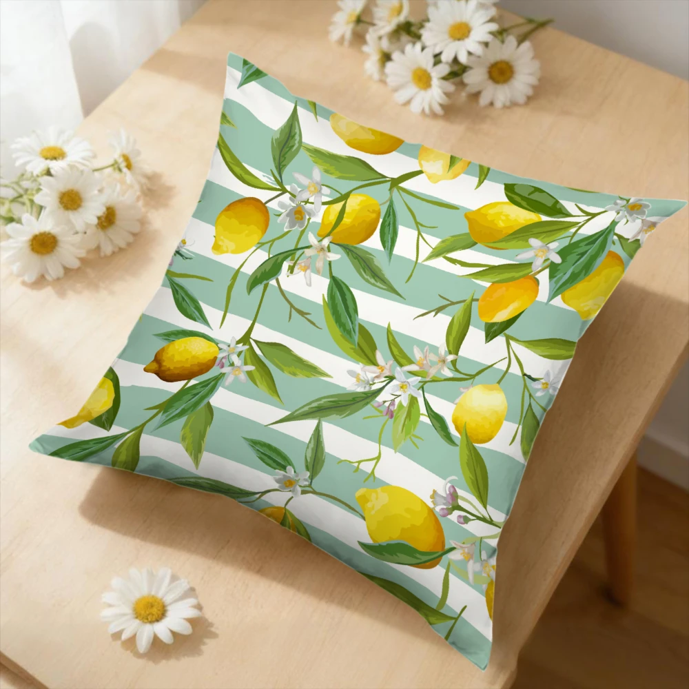 1pc Lemon Pattern Cushion Cover Green And White Striped Pillowcase For Sofa Bedroom Decorative Throw Pillow Case Home Decoration