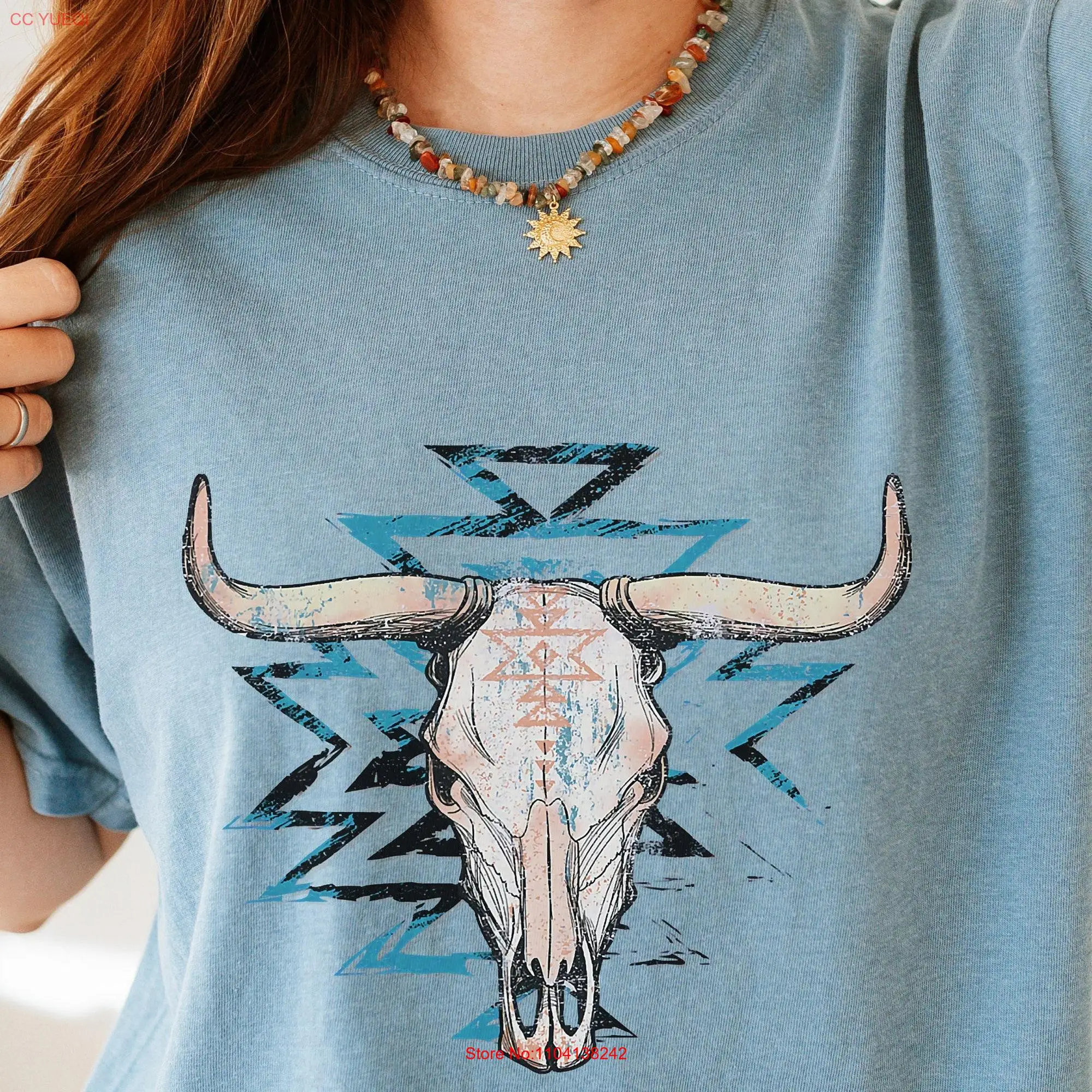 Western T Shirt Skull Boho Longhorn cow Women's graphic tee long or short sleeves