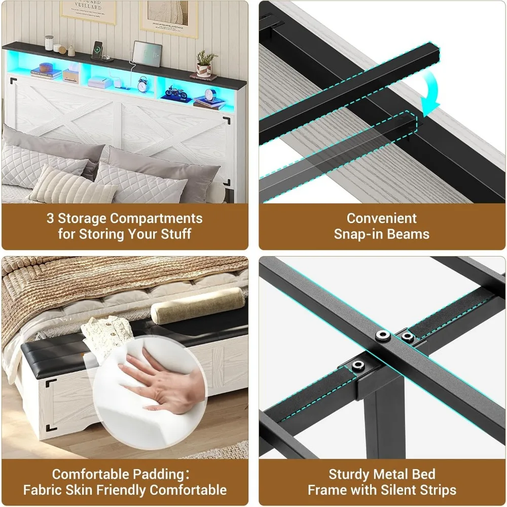 إطار سرير Hasuit بحجم كوين مع مسند تخزين، وإطار سرير مزرعة مع قاعدة شحن وإضاءة LED، ولوح رأسي مع مساحة تخزين