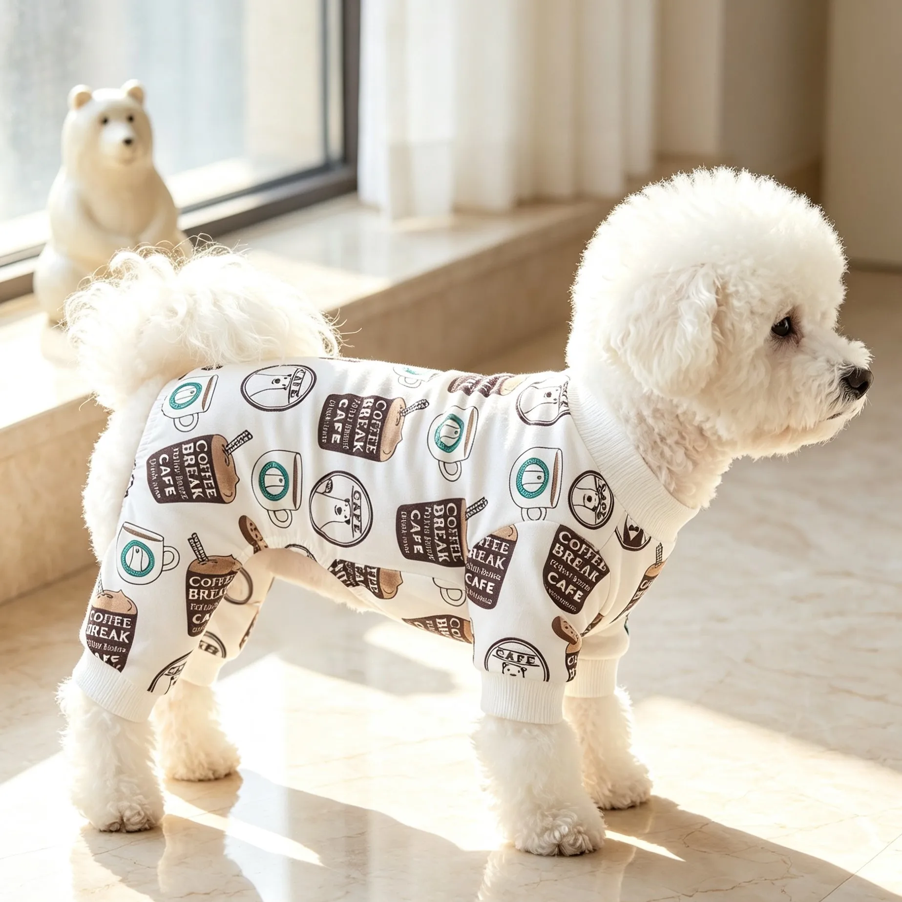 Dog four legged pajamas, coffee print pattern, elastic ribbed cuffs and cuffs, soft pet jumpsuit for home use