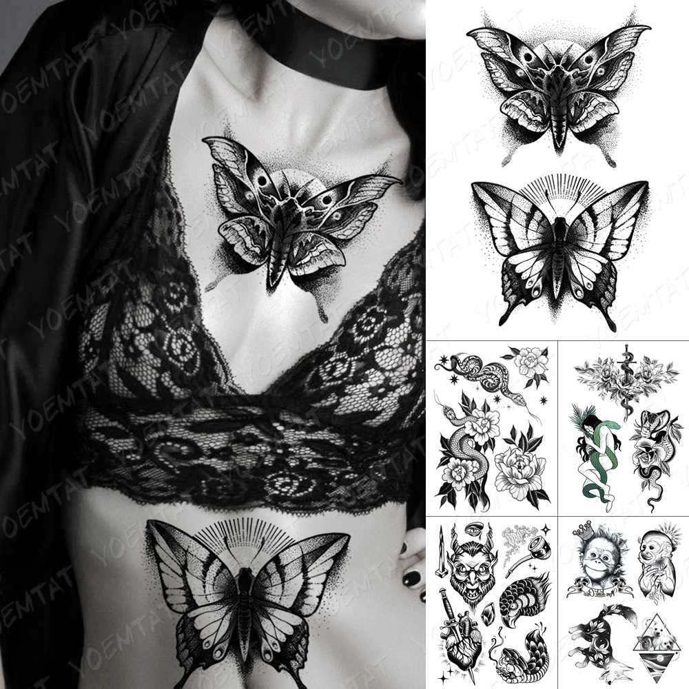 

Black Waterproof Temporary Tattoo Sticker Butterfly Peony Cobra Monkey Prajna Body Art Sexy Fake Tato Men Women Transfer Tattoos