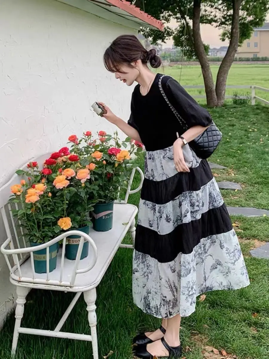 

Женская футболка больших размеров ort Sve Dr, свободная посадка с принтом водяной марки, лоскутное летнее повседневное трапециевидное платье Dr Meat Concealing