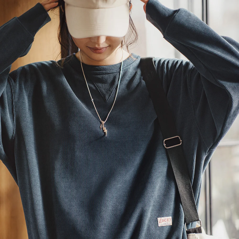 Maden Vintage Chenille Pullovers for Women Round Collar Long-Sleeve Sweatshirt Solid Color Loose Pullover Unisex Tops