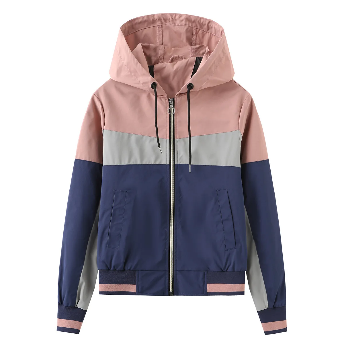 2024 Spring and Autumn New Thin Hooded Windbreaker Women's Insert Color Long Sleeve Zipper Drawstring Coat