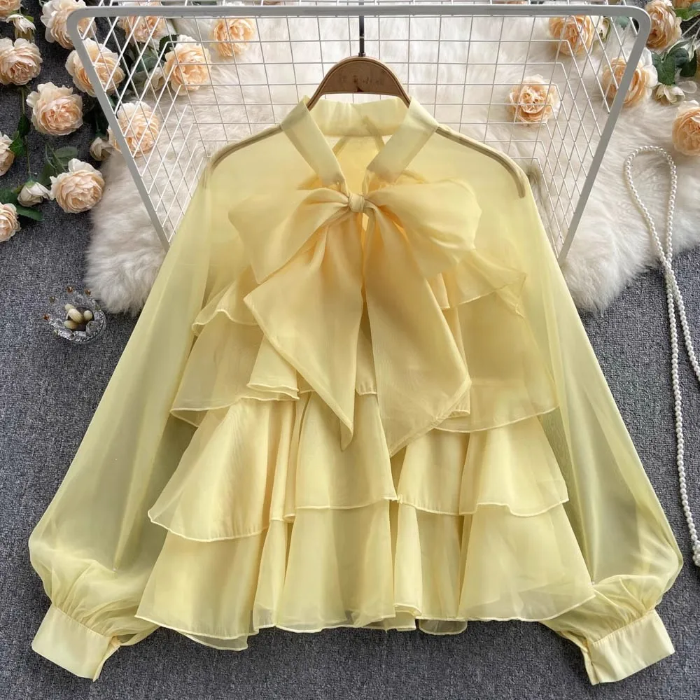 2024 New Chic Elegant Autumn Yellow Chiffon Loose Shirt Tops Women Bowknot Collar Lantern Sleeve Ruffles Layers Holiday Blouses