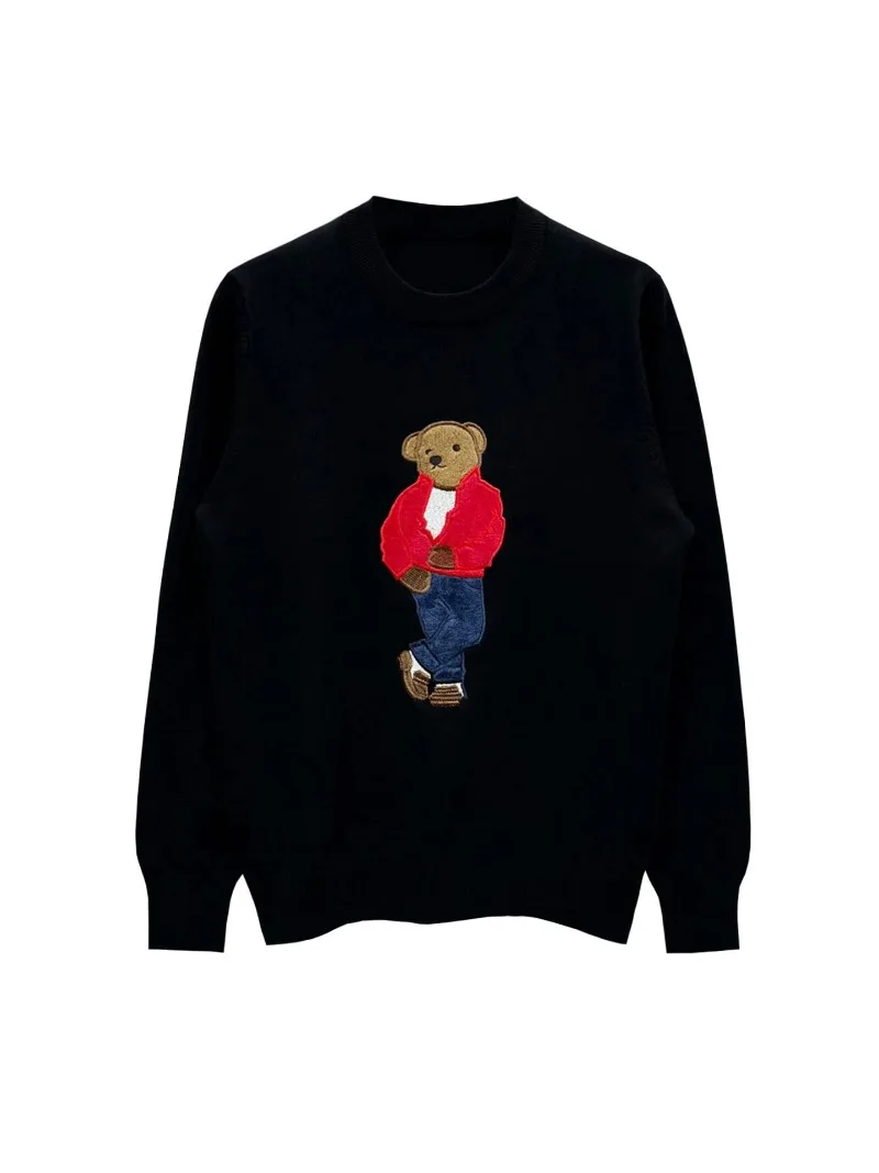 

Korean Fashion Luxury Bear Embroidery Knitted Sweater Men Autumn Winter Overhead Long Sve Bla Soft All Match Pullover Man