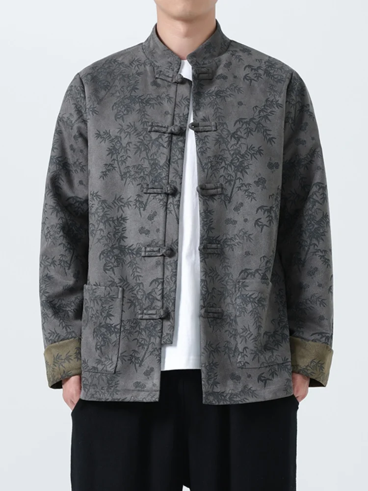 

Новая мужская замшевая куртка в китайском стиле, весенняя, с винтажным принтом, в стиле Тан, для мужчин среднего и старшего возраста, с воротником-стойкой