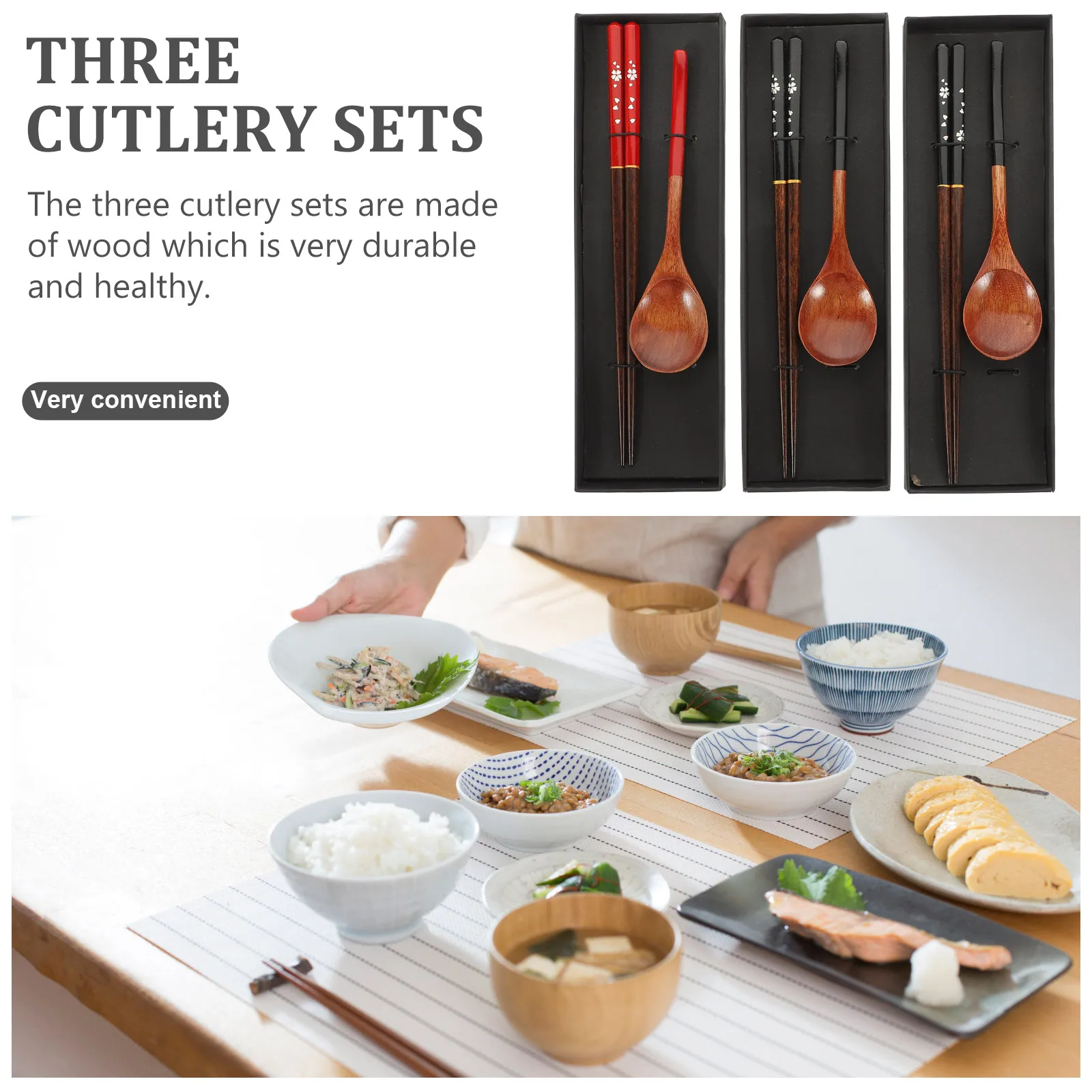 

3 Sets Japanese Style Wooden Spoon Chopsticks Set Assorted Colors Reusable Travel Picnic Office Home Gift Lightweight