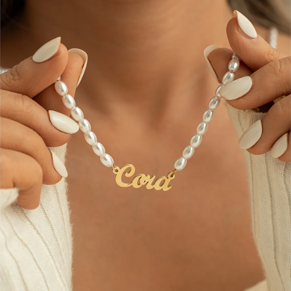 

Custom Ancient Letter Pearl Necklaces, Personalized Stainless Steel Fashion Jewelry, Classic Necklaces For Women, Elegant Gifts.