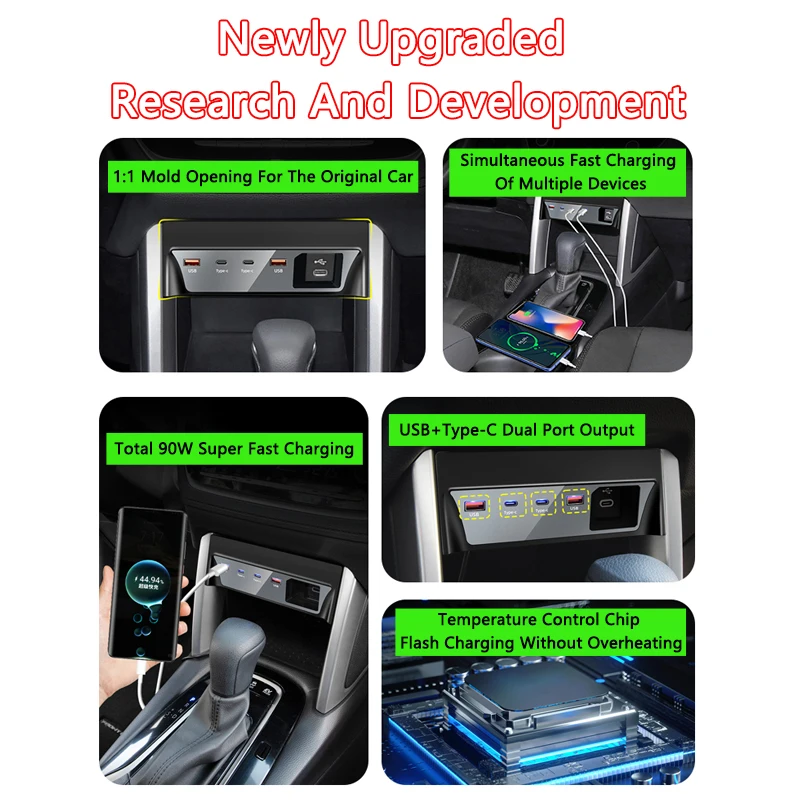 Car Expansion Dock Intelligent 4 Ports Fast Charging USB Type-C Phone Docking Station For Toyota Corolla Cross Frontlander 21-24