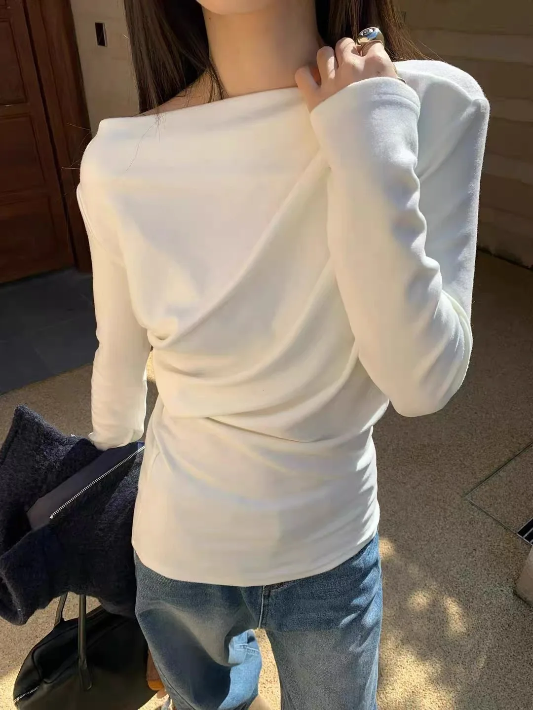 

mat Long Sve Floing Pure Desire Sle Women's Base irt oulder Baring Neline Slim Fit Autumn Winter Top