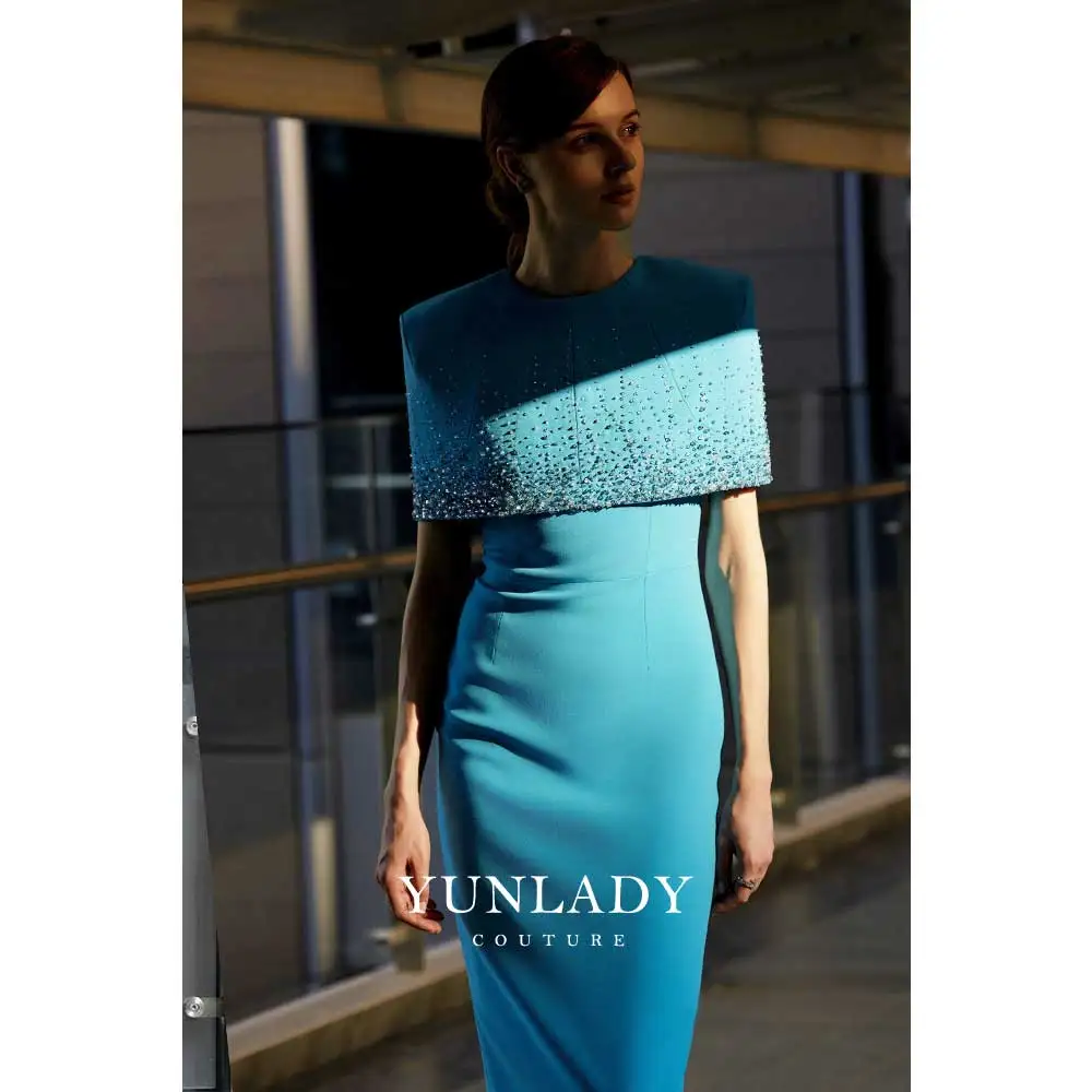 YUNLAN Gorgeous Blue Saudi Arabia Cape Midi Evening Dress 2024 Elegant Women Beaded Engagement Party Dress Guest Formal Dress