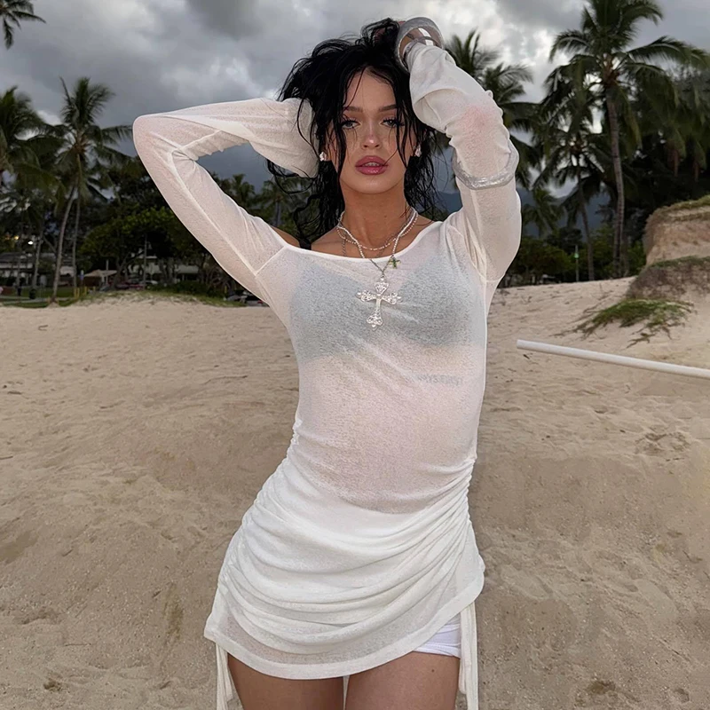 

Tornova See Through Pleated Long Sleeve T shirt Female Slim Thin Lace-up Top Beach Sexy Sunscreen Pullovers Slanted Collar Top