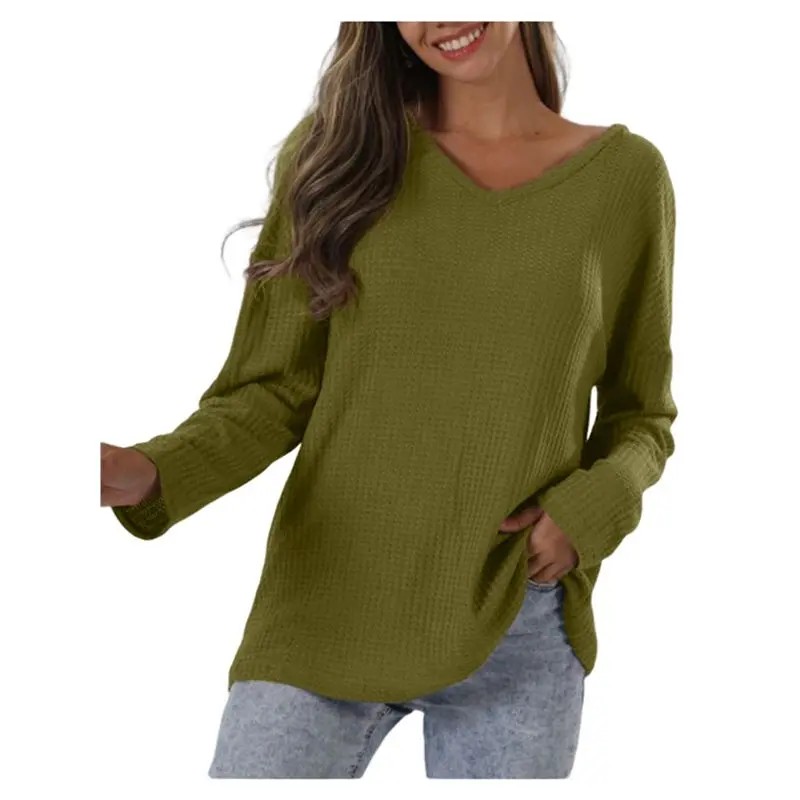 

CYL-Women's Oversized Long Sleeve V-Neck Knit Top Plus Size Streetwear Casual Stretch Basic Shirt