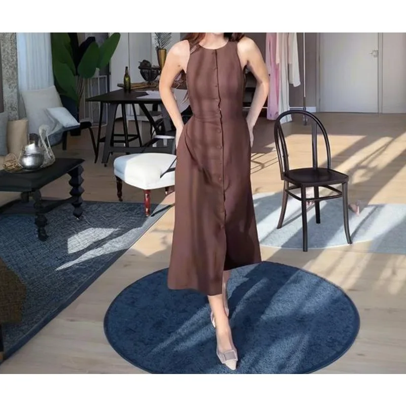 

2025 New Women's Sleeveless Button Waist Temperament Fashion Dress Women