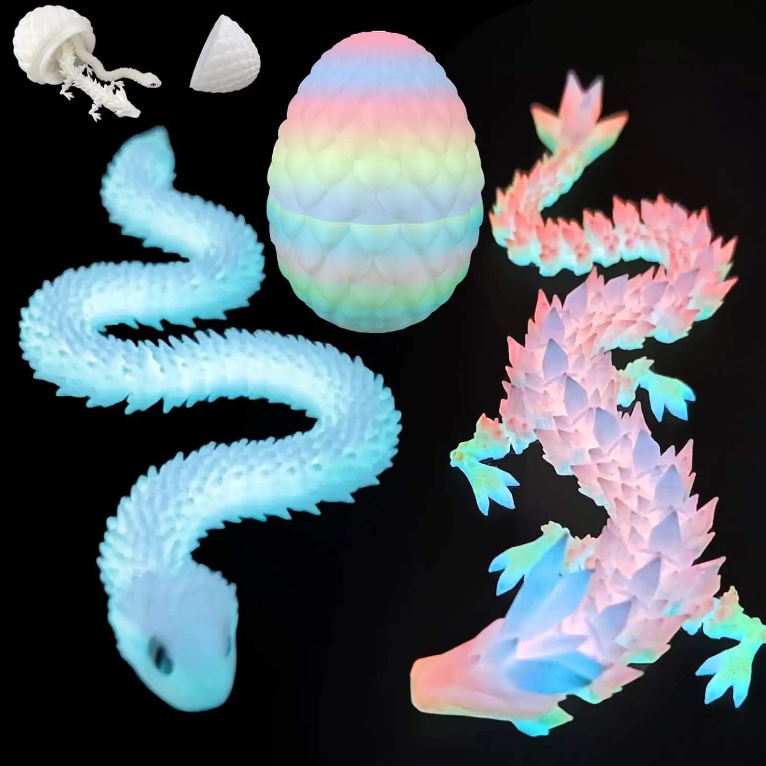 

Glow in Dark 3D Printed Dragon Snake Fidget Toy, Articulated Crystal Desk Pet for Collectors