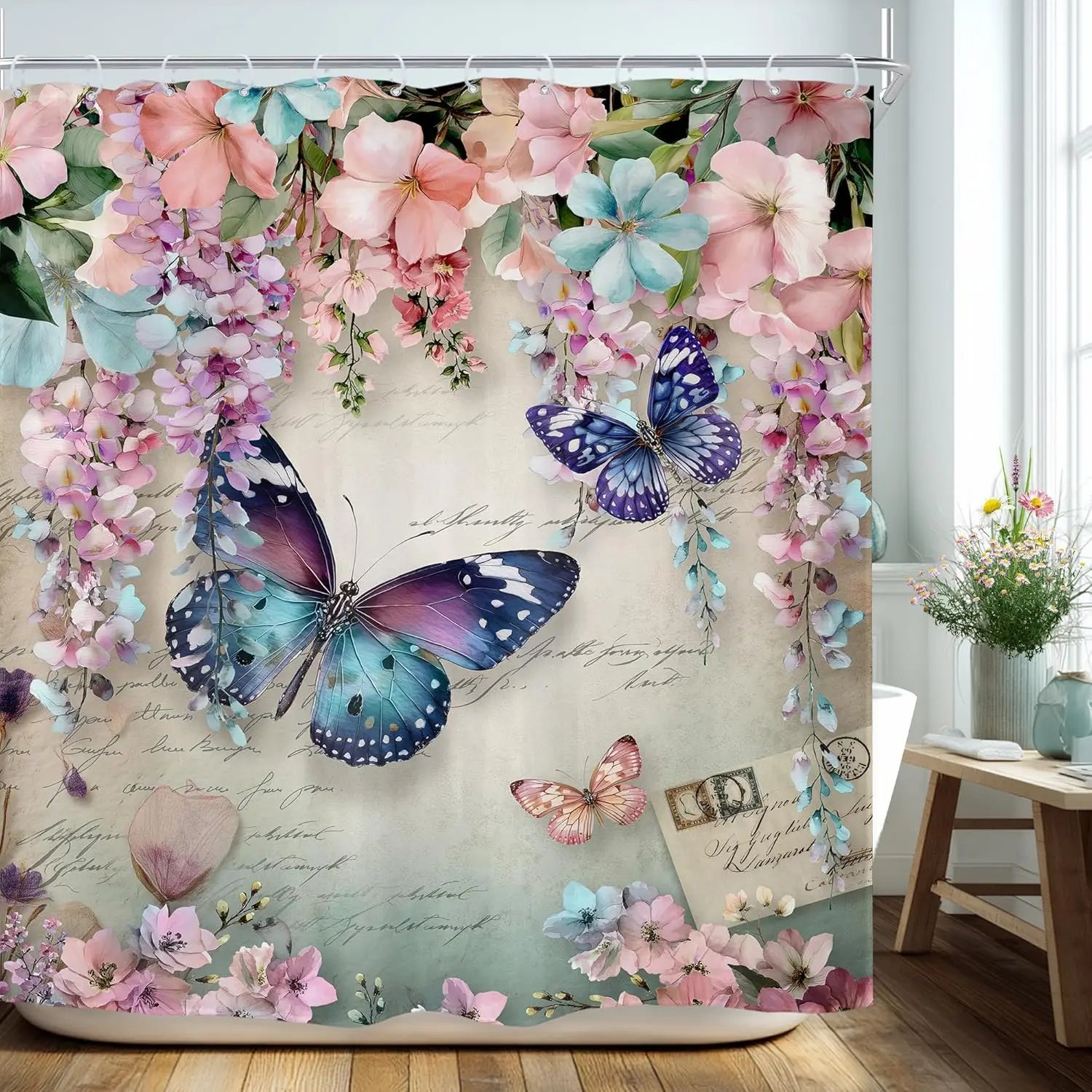 Floral Butterfly Shower Curtain Spring Pink Blue Vintage Flowers Purple Lavender Weeping Wisteria Blossom Envelope Bathroom