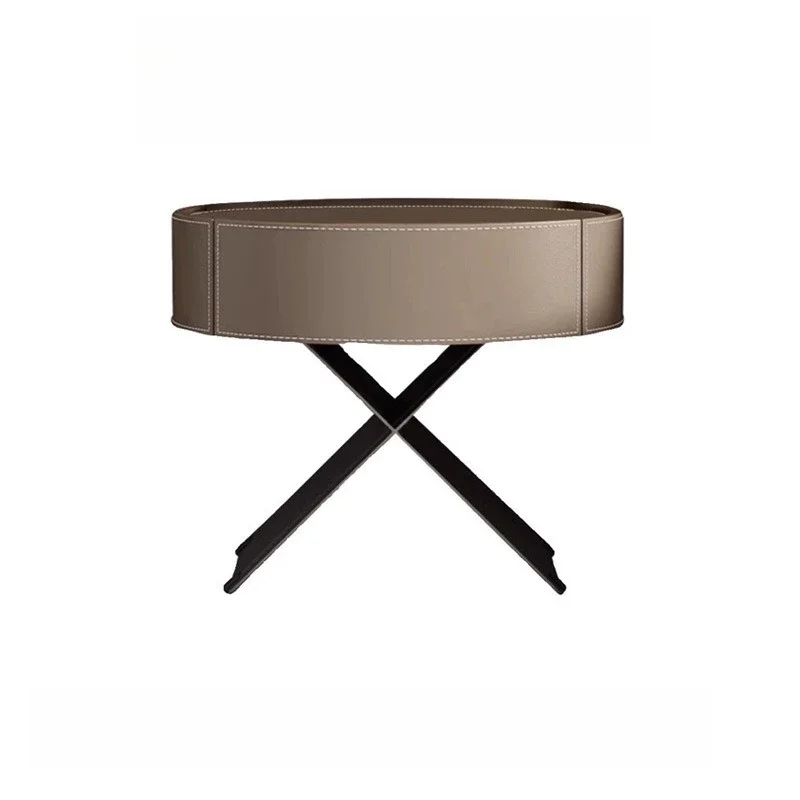 Italian minimalist saddle leather bedside table, bedroom creative oval storage bedside table khaki