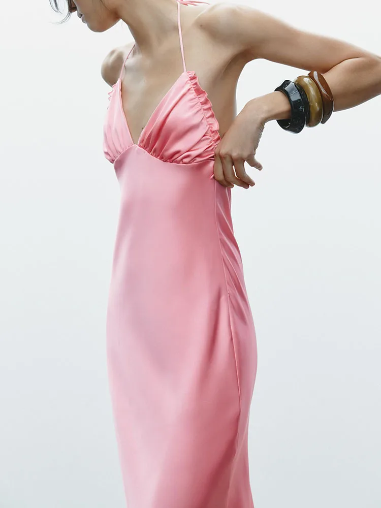 Ele Satin Feel Svel Neline Dr Neues Frühjahr 2025, langes Damenkleid mit hoher Taille, V-Ne-Farbe, lässig, Dr