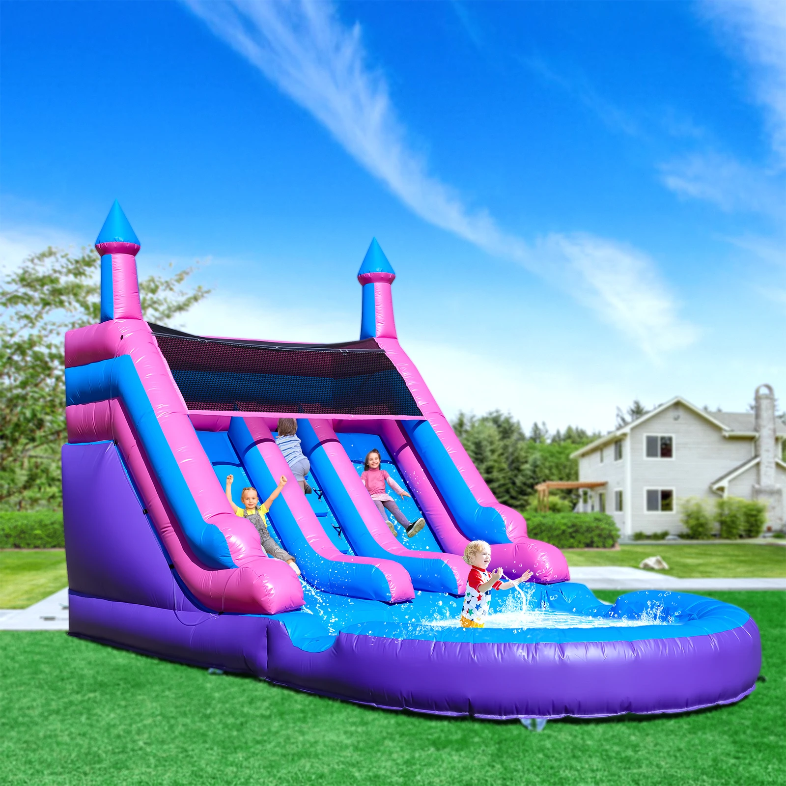 Piscina inflável comercial de corrediça de água dupla de PVC de 6,4 m com ventilador para crianças playground comercial infantil