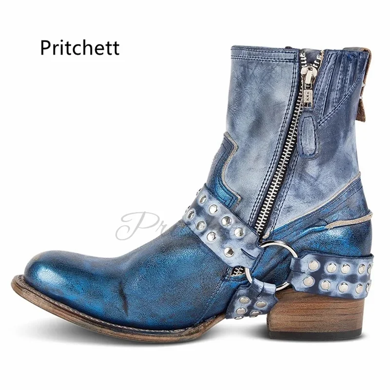 Women\'s Blue Genuine Leather Ankle Boots Rivet Buckle Strap Splicing Cowboy Boots Autumn Fashion Thick Heel Zipper Male Shoes