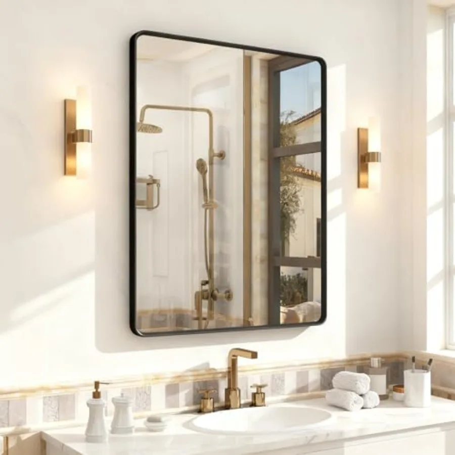 

Зеркало для ванной OKPAL 28x36 дюймов в металлической раме, настенное, для туалетного столика, черное, прямоугольное с закругленными углами, современное, нержавеющее, S