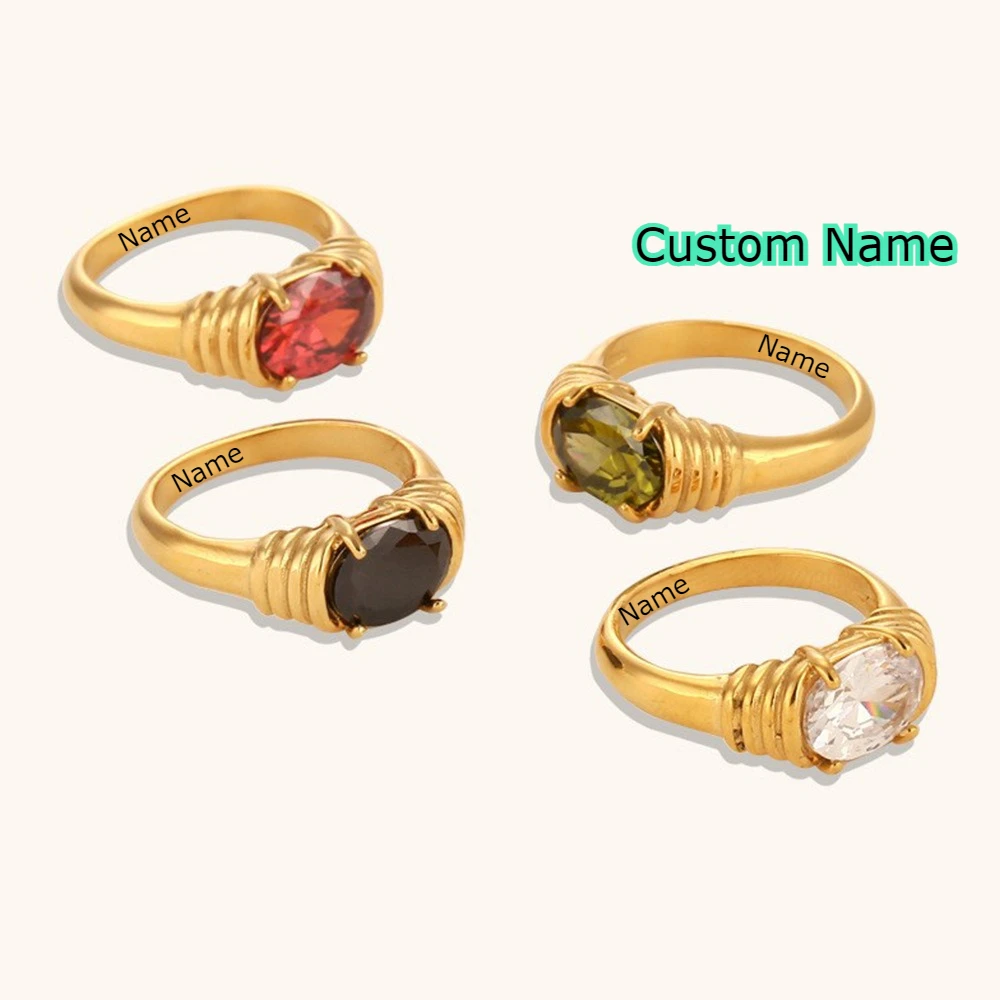 

Персонализированное каменное овальное кольцо с цирконом, индивидуальное имя на кольце, винтажные ювелирные изделия из нержавеющей стали с покрытием из 18-каратного золота, Рождественский подарок