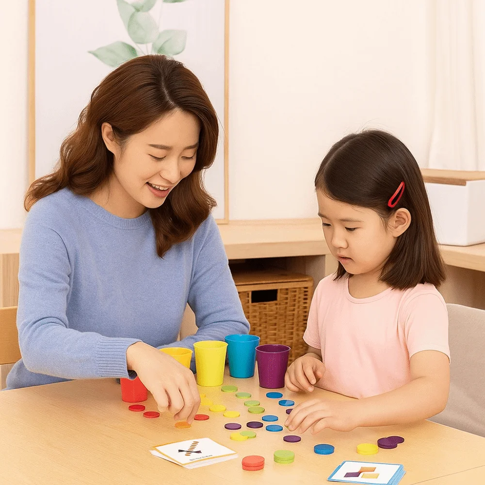 Matching Color Stacked Cups Game Montessori Early Education Wooden Coin Throwing Challenges Portable Color Classification Cup