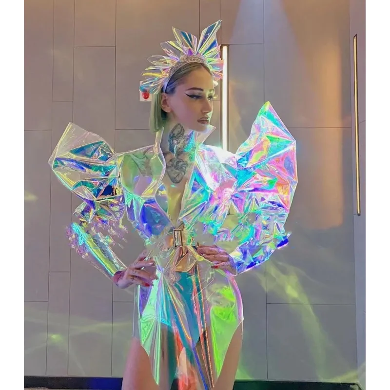 

Sexy Drag Queen Costumes New Nightclub Party Technology Symphony Laser Fly Shoulder Festival Stage Costumes Women Laser Costume