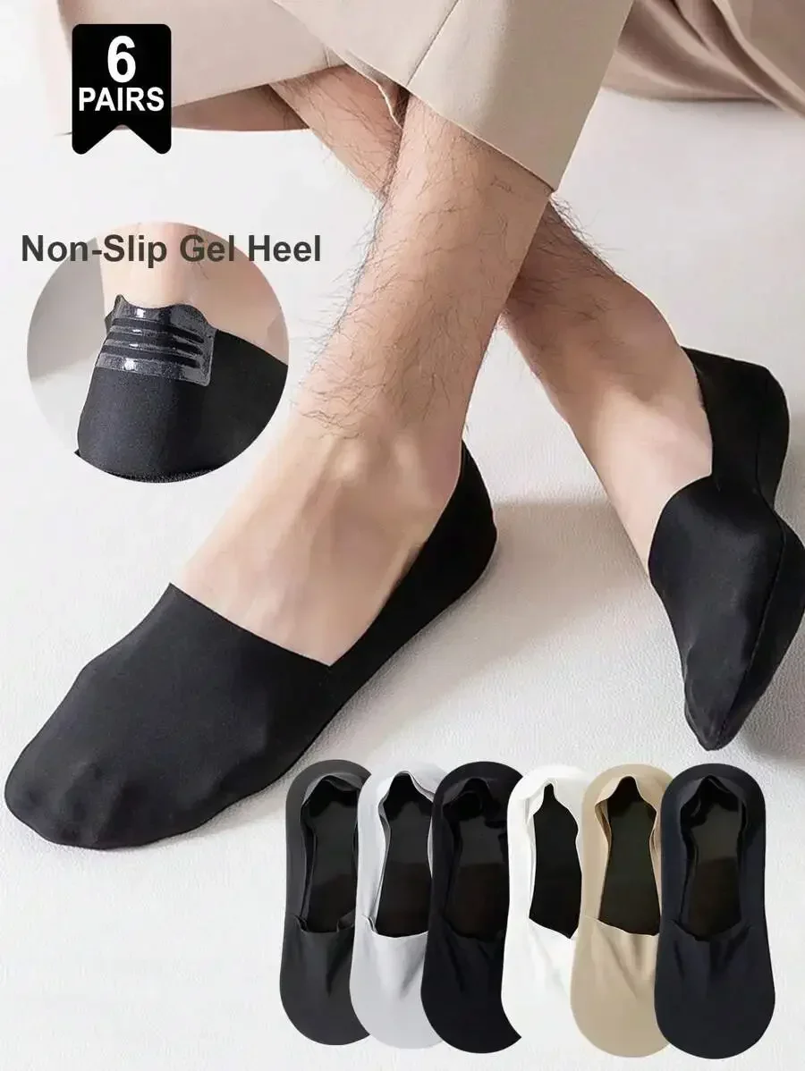 

1/3/6 Pairs Men's Solid Bottom Breathable Solf Nylon Upper Low Cut Invisilbe No Show Socks With Non-Slip Gel At Heel